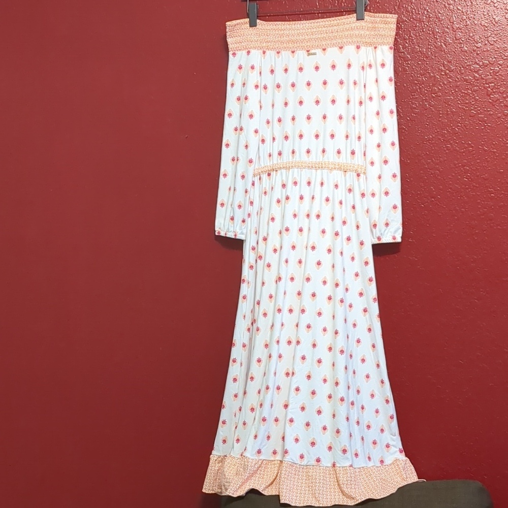 Cabana Life -Orange/White /Off the Shoulder- Long Sleeve/Ruffle Slit Maxi Dress - Picture 8 of 12